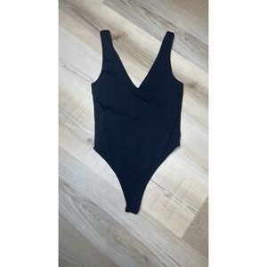 House of Harlow 1960 Black Ribbed Bodysuit M Deep V Sleeveless Stretch